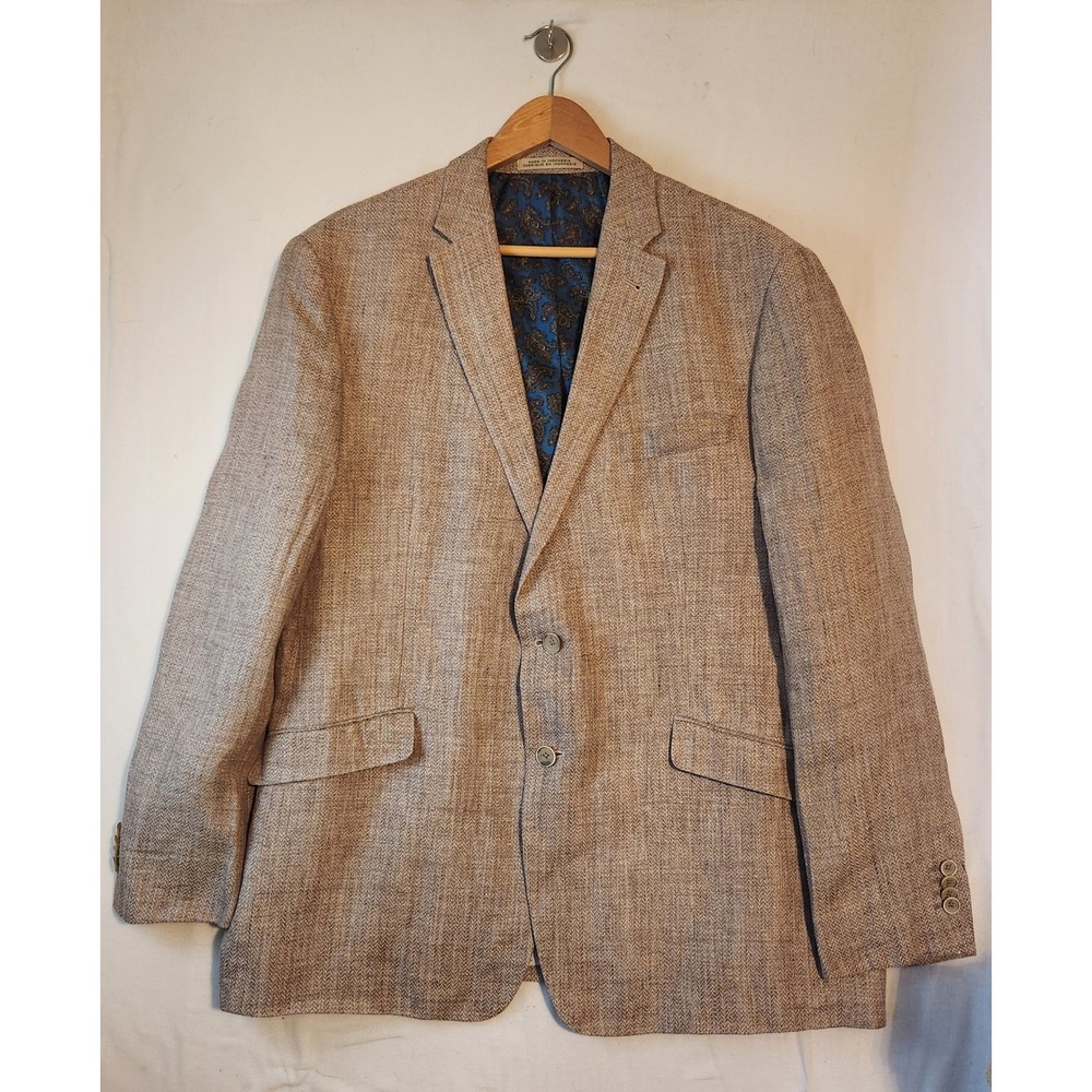 JOE Joseph Abboud Mens‎ Slim Fit Herringbone Blazer Tan Brown Paisley Lining 48R